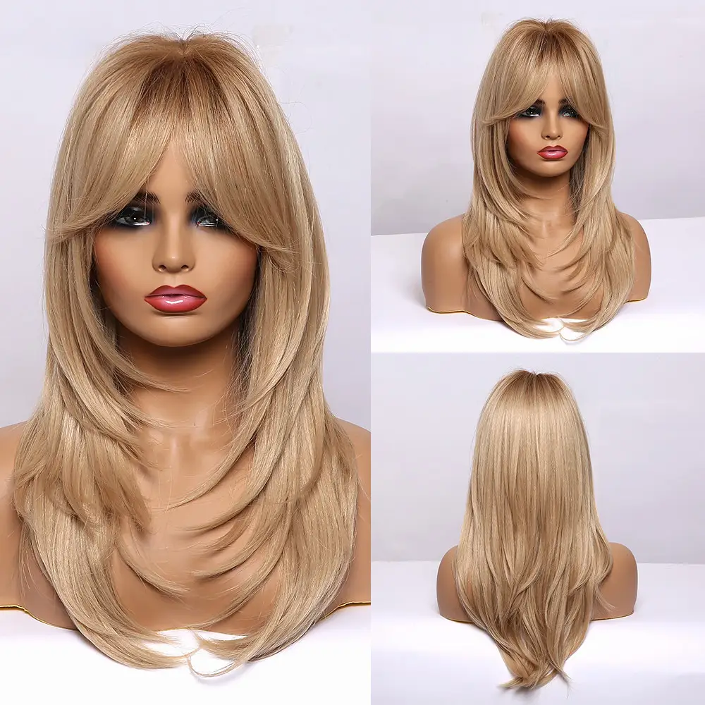 Gradient Gold Black Brown Mid-length Straight Hair Wig