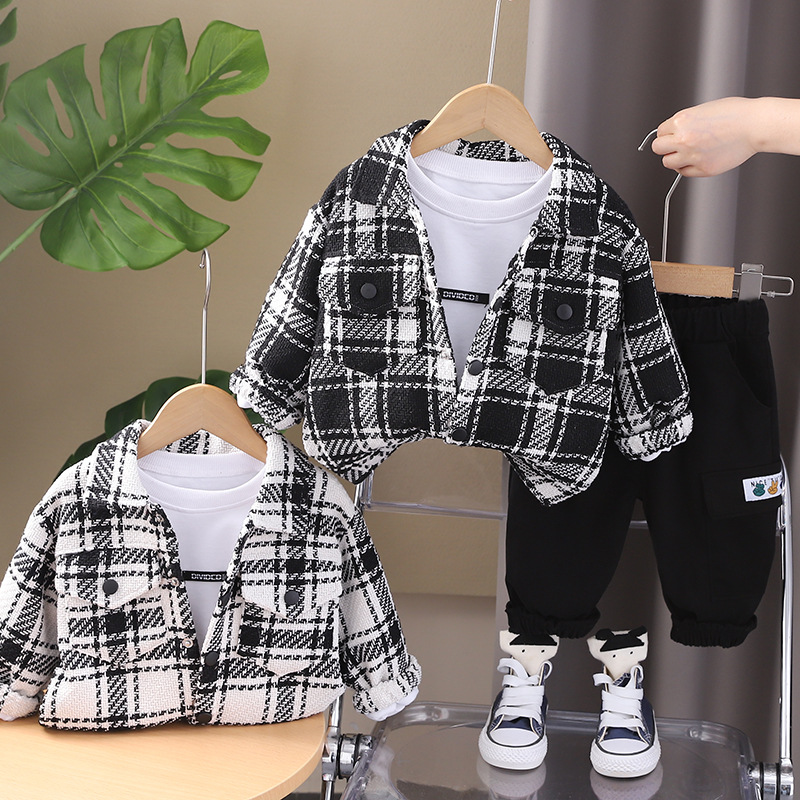 Spring And Autumn Casual Plaid Long-Sleeved Shirt Three-Piece Set product image