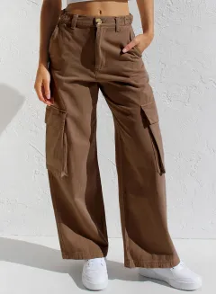 Women's Multi-pocket Workwear Loose Casual Denim Trousers - Brown - View 1