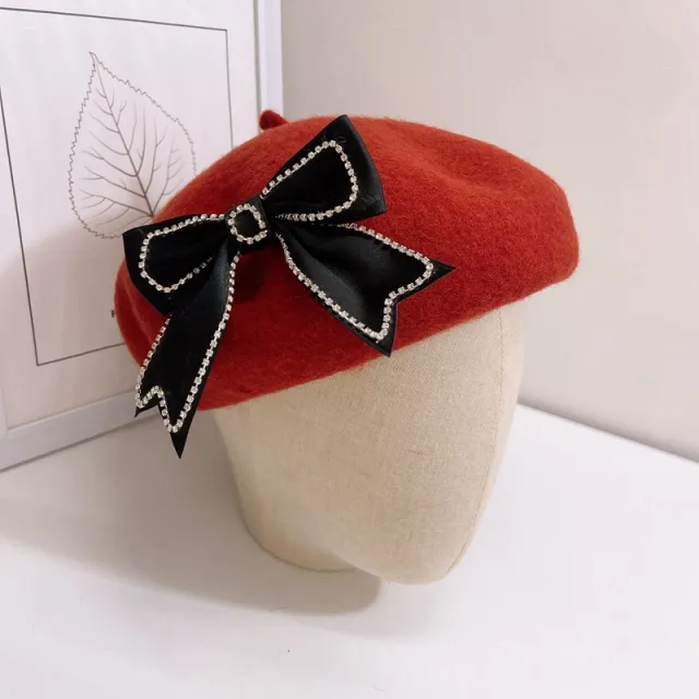 Ladies Bow Woolen Elegant Warm Retro Casual Beret Orange - Shop at LoveMi
