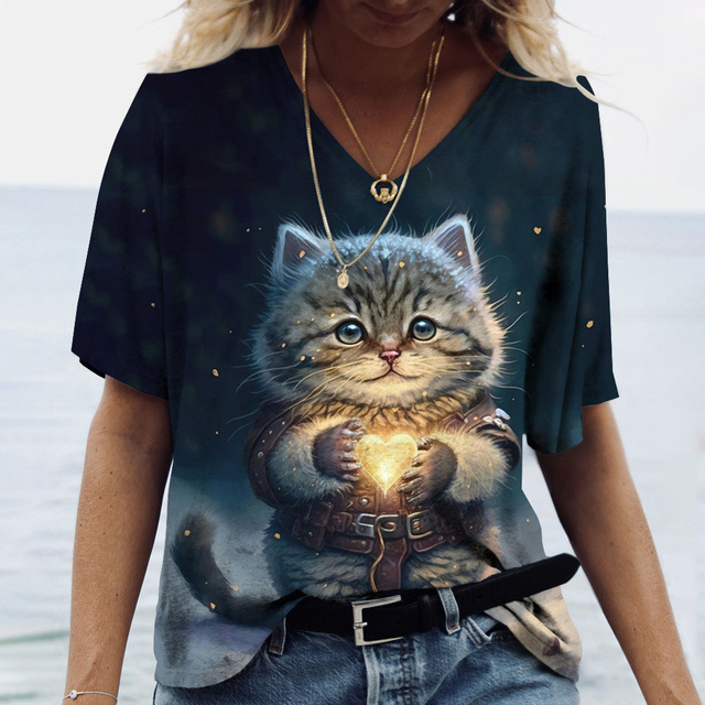 Women's Casual Printed Round Neck Cat Pattern T-shirt