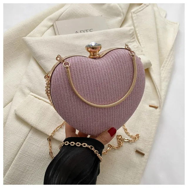 Evening Clutch Bag Women Bag Shiny Handbag Heart Shape Metal Clutches Bag Fashion Chain Shoulder Crossbody Bag Luxury Lady Purse Valentines Day Out... Pink - Shop at LoveMi