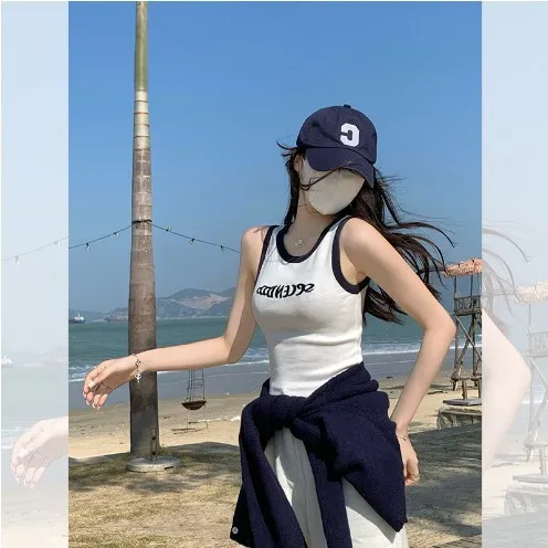 Women's Summer Thin Short sleeved Navel Sleeveless Top Blue And White - Shop at LoveMi