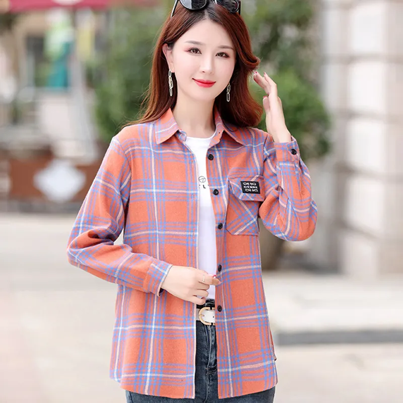Autumn Plaid Shirt Women's Cotton Long-sleeved Brushed Vintage Coat - Blk1688