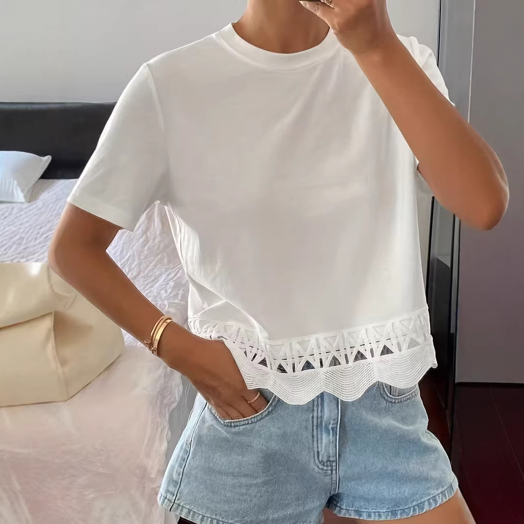 Women's Solid Color Versatile Hollow-Out Spliced Short-Sleeve