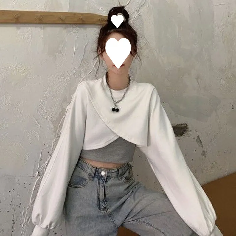 Irregular Short Long-sleeved Sweater Women's Vest Two-piece Set - White Hoodie Gray Vest
