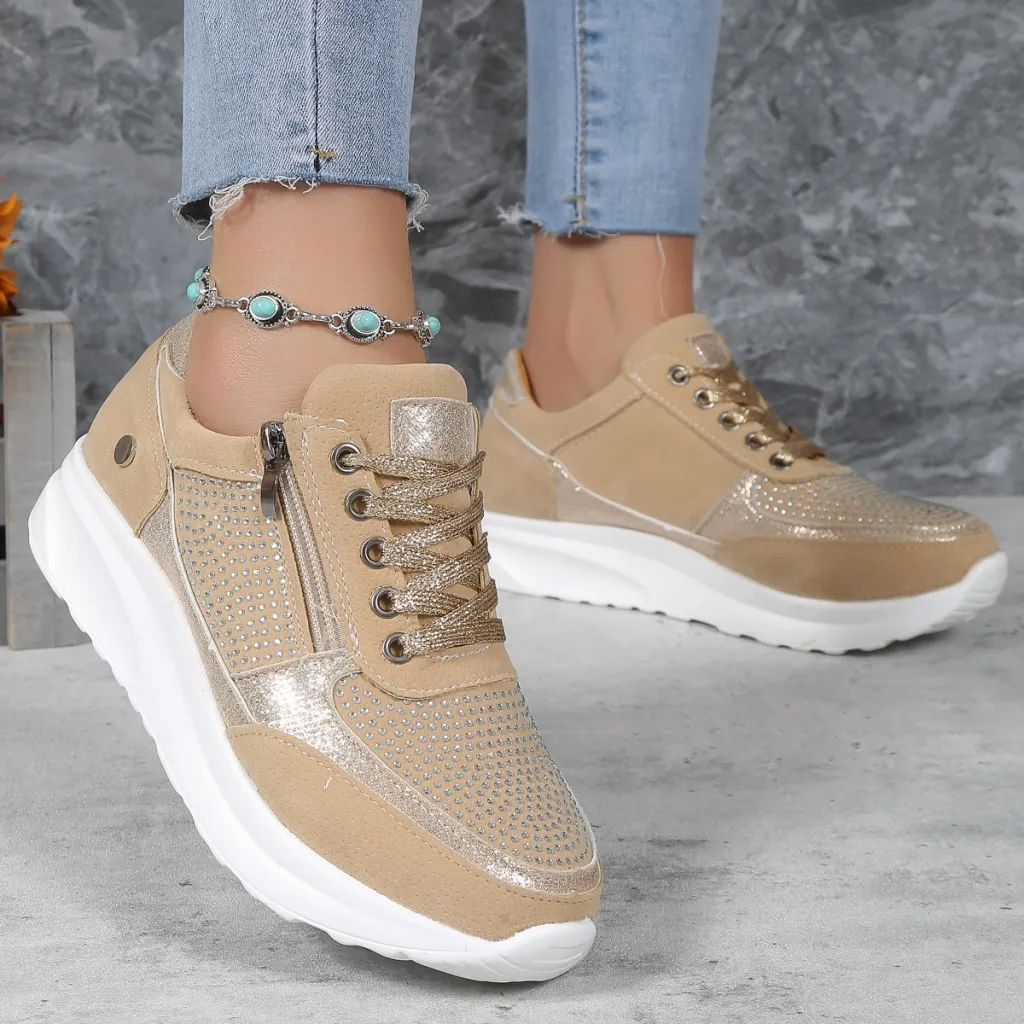 Flat Round Toe Rhinestone Pumps Women's Sports Casual Shoes - Apricot