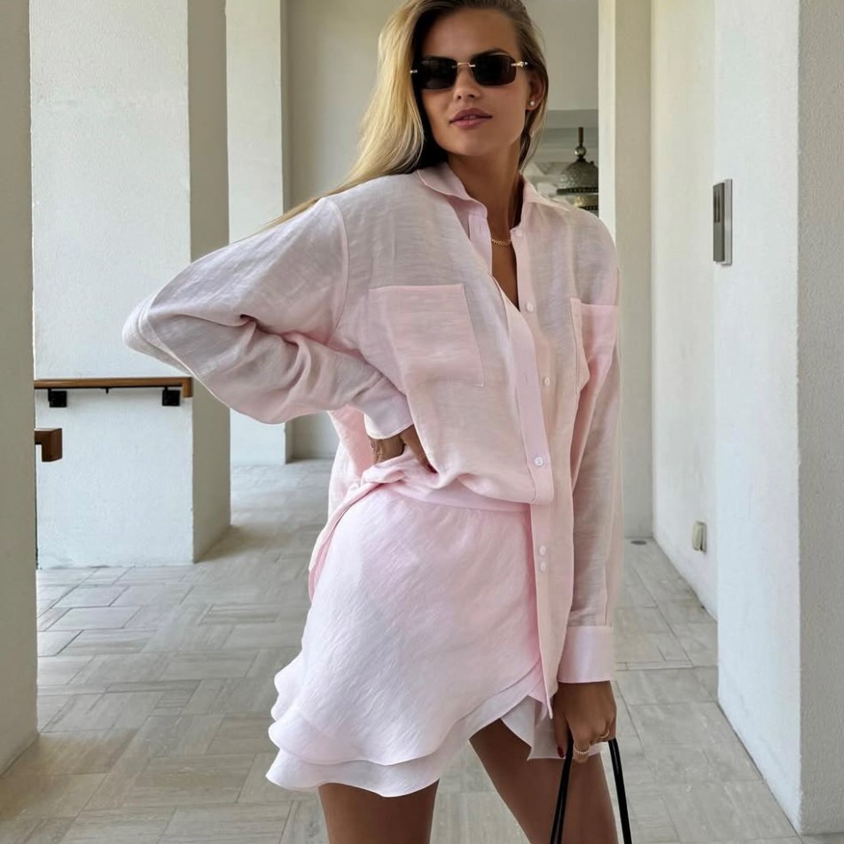 Beach Sun Protection Shirt Seaside Leisure Vacation Skirt Swimsuit Blouse Shirt Suit Pink - Shop at LoveMi