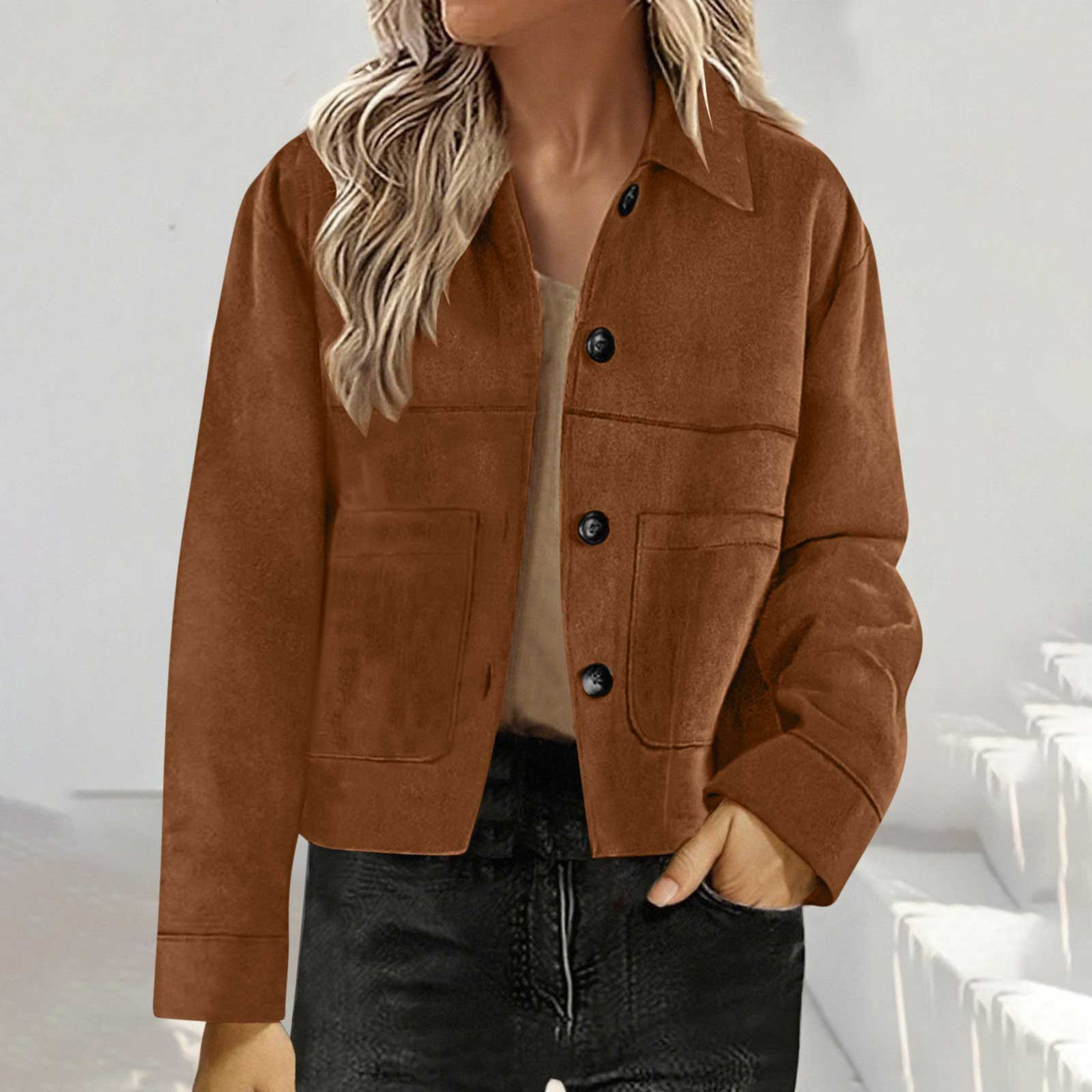 Solid Color Loose Fit Suede Short Jacket For Women 9