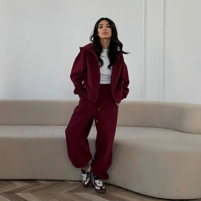 Women's Zipper Solid Color Long sleeved Hooded Sweater Straight Casual Pants Red Q288 - Shop at LoveMi
