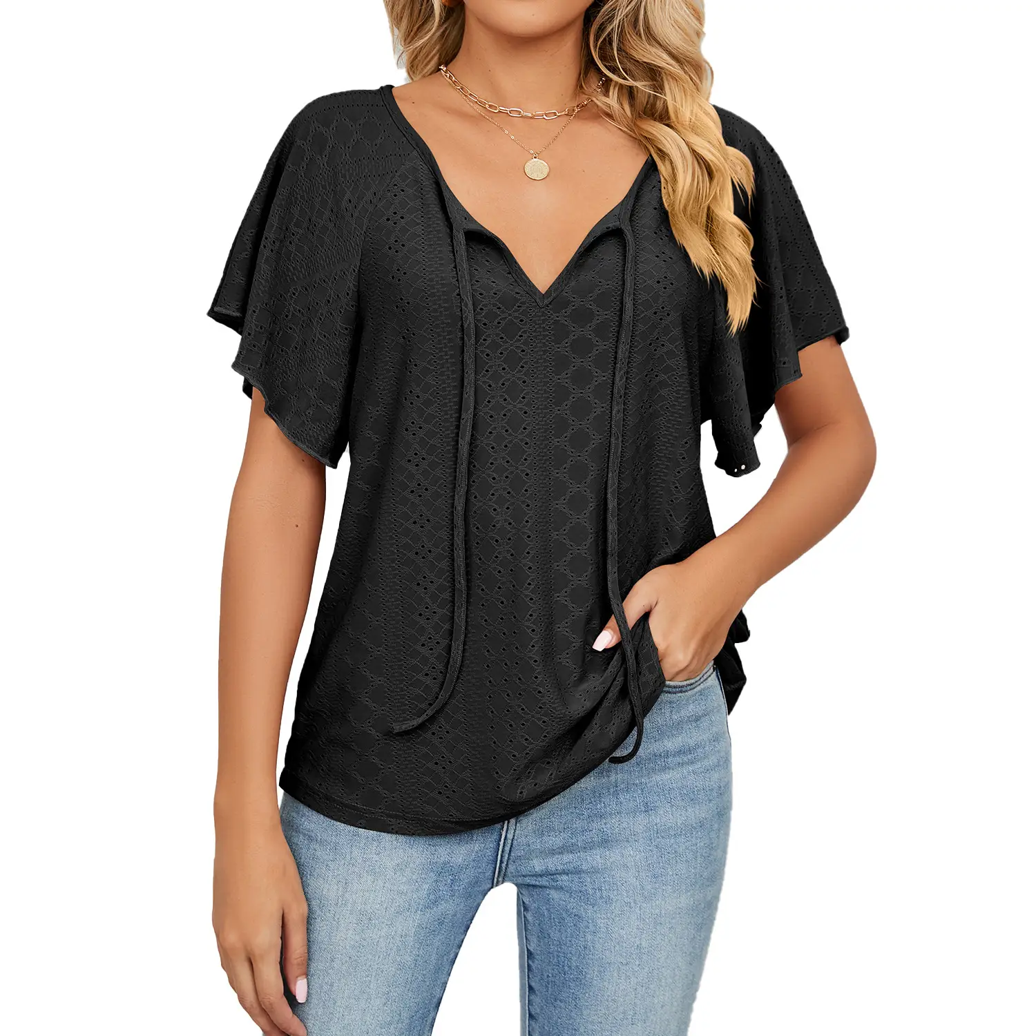 Spring And Summer New Solid Color And V-neck Lace-up Short Sleeve Loose T-shirt Top