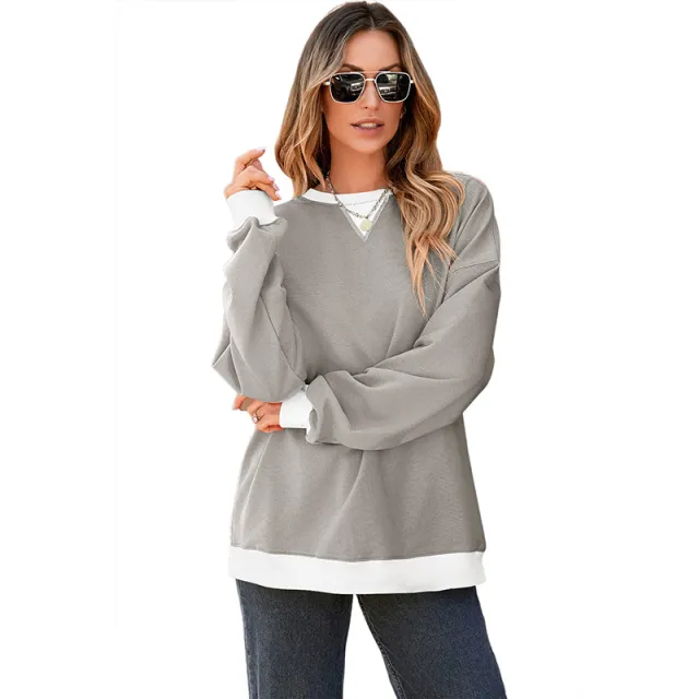 Color Contrast Patchwork Round Neck Pullover Long Sleeve Sweater Women Gray - Shop at LoveMi