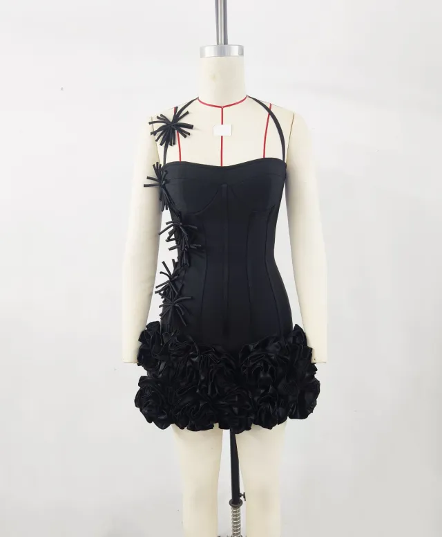 European And American Ins Women's Three dimensional Flower Black Bandage Dress Black - Shop at LoveMi