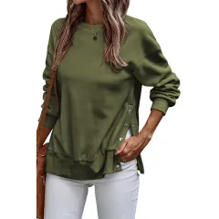 Solid Color Pullover Women's European And American Leisure Style Slit Loose Flab Hiding Long Sleeve Bathroom - Lc25316883P609Color-S - View 1