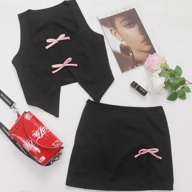 Fashion Bowknot Hollow Skirt Outfit Black - Shop at LoveMi