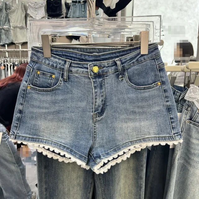 Lace Edge Stitching Sweet Chic Denim Shorts Blue - Shop at LoveMi