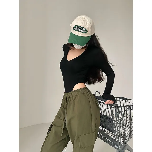 Sexy V neck Elastic Skinny Slimming Long Sleeve Solid Color Base Bodysuit T shirt Top Black - Shop at LoveMi