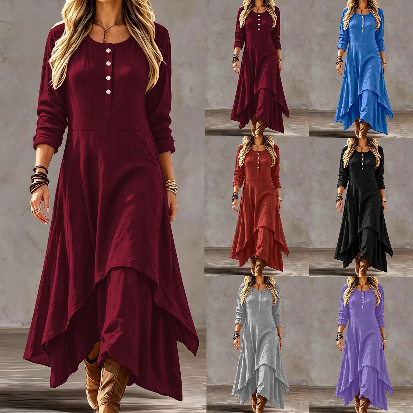 Irregular Hem, Casual, Loose-fit Long-sleeve Dress