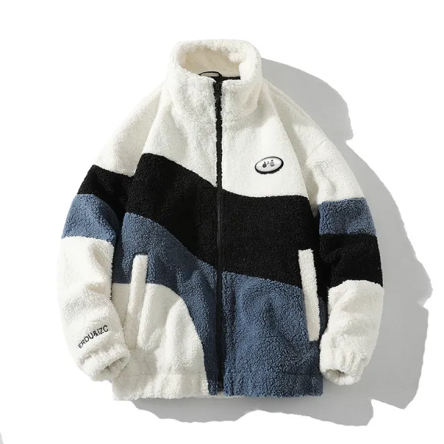 Couple Lambswool Stand Collar Coat Colorblock All matching Top White - Shop at LoveMi