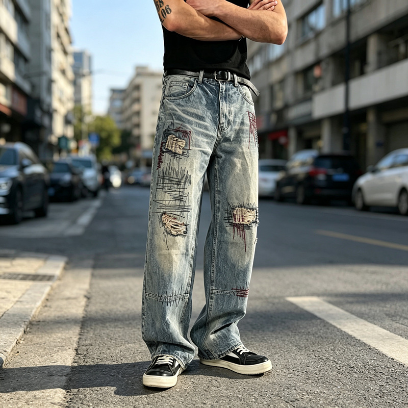 Mens Jeans Trendy Streetwear Brand Distressed Style