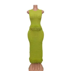 Hollow-out Fringe Sleeveless High-neck Top With Bodycon Long Skirt Two-piece Set - Green - View 1