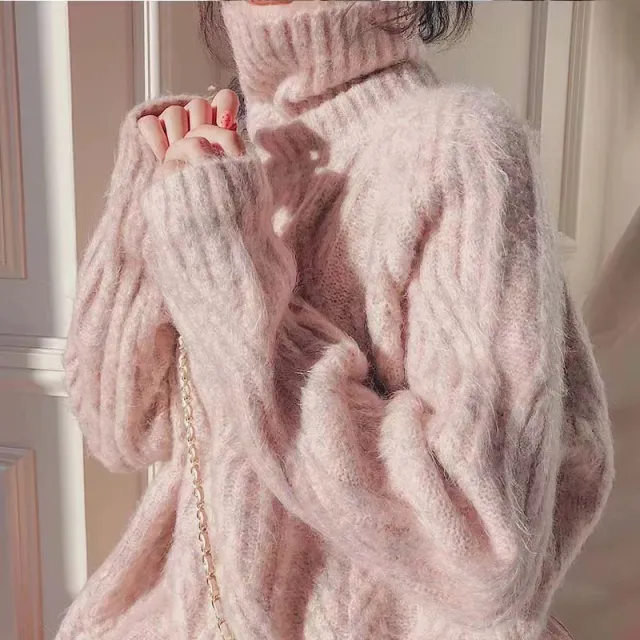 Autumn And Winter New Loose Outer Wear Thick Retro Cable knit Turtleneck Sweater For Women Pink - Shop at LoveMi