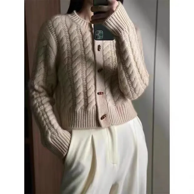 Women's Button Twist Cashmere Cardigan Sweater Light Camel - Shop at LoveMi