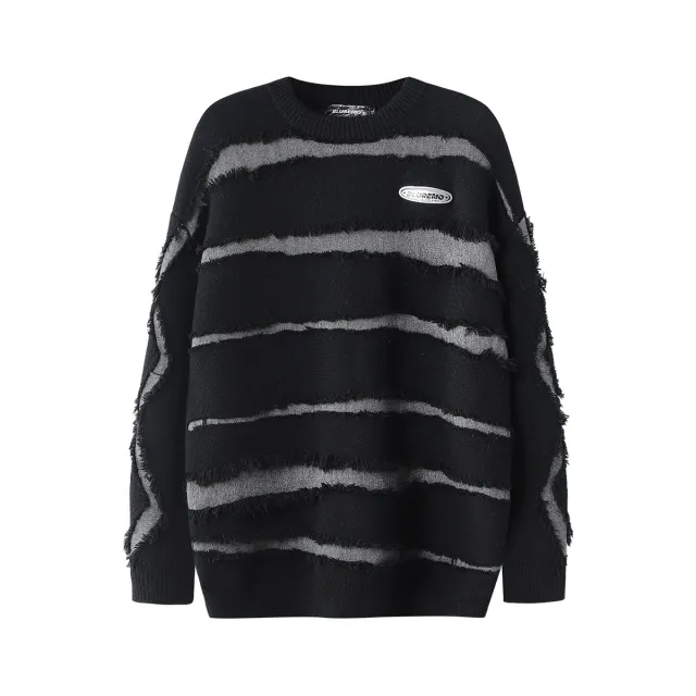 Irregular Cut Deformed Striped Solid Color Sweater Black - Shop at LoveMi