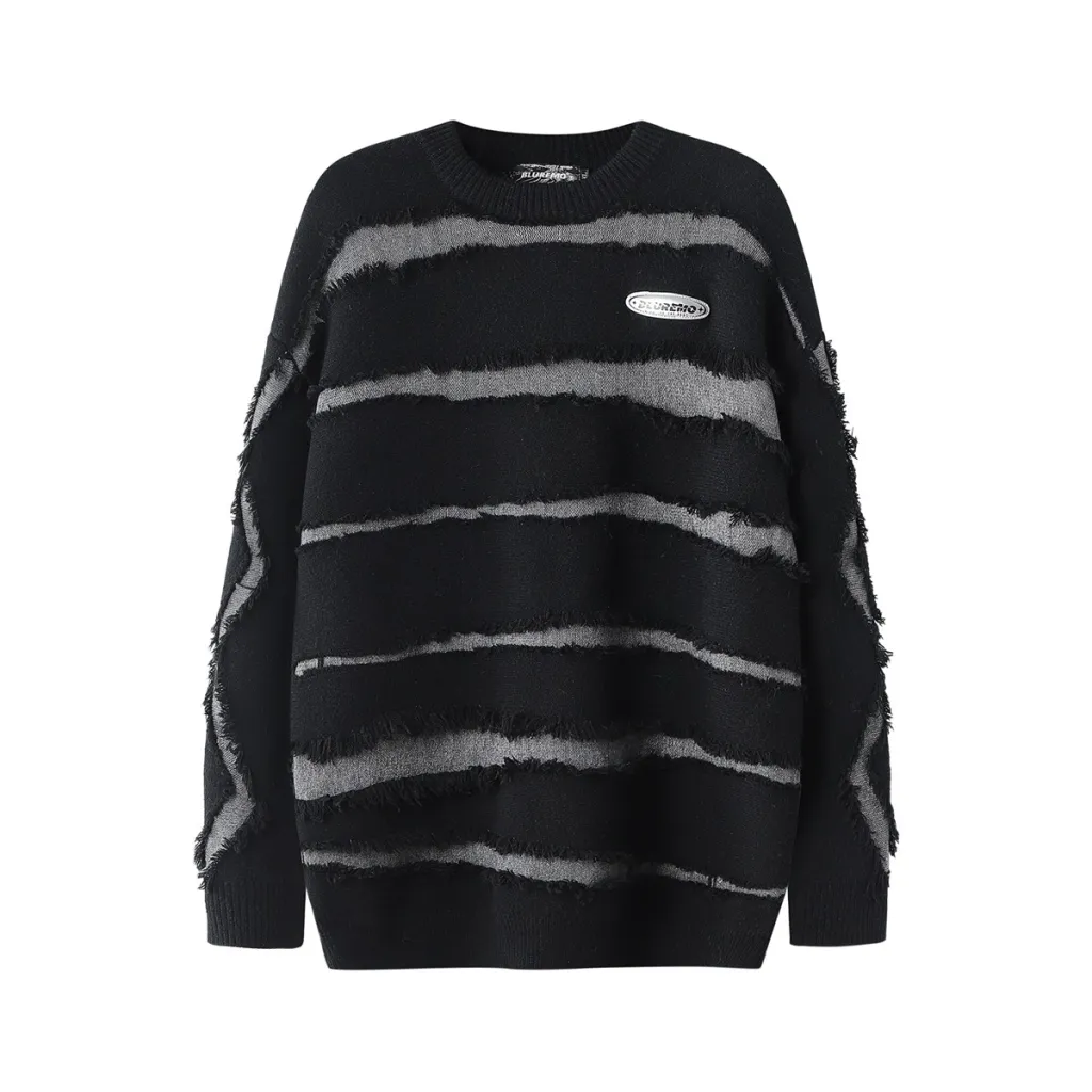 Irregular Cut Deformed Striped Solid Color Sweater - Black