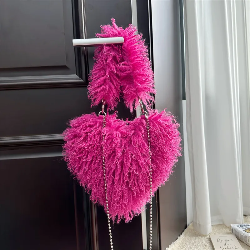 Womens Wool Handbag With Chain Strap - Rose