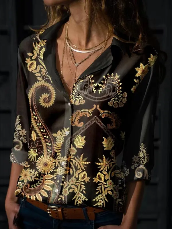 Fashion Shirt Printing Lapel Long Sleeve Women Shirt 2 L - Shop at LoveMi