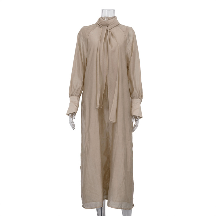 Stand up Collar Tie up Long Sleeve Side Slit Dress Khaki - Shop at LoveMi