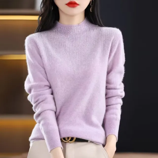 Women's Diamond embedded Half turtleneck Wool Sweater Bottoming Shirt Purple - Shop at LoveMi