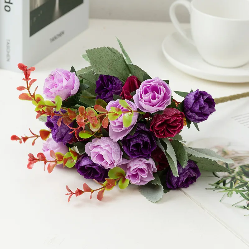 Simulation European Diamond Rose Raw Silk Artificial Flower Rose Wedding Home Furnishing Ornaments Decorative Flowers - Purple