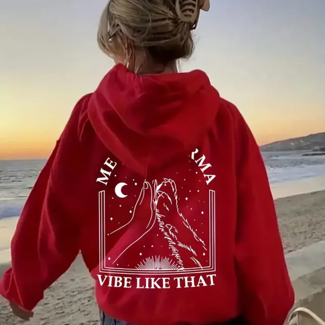 Printed Heel Wrapped Collar Velvet Padded Hooded Sweatshirt Women Red - Shop at LoveMi