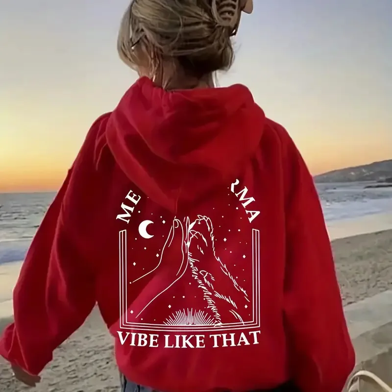 Printed Heel Wrapped Collar Velvet Padded Hooded Sweatshirt Women - Red