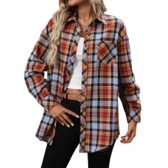 Women's Long Sleeve Retro Versatile Style Stylish Shirt - Orange Blue - View 1