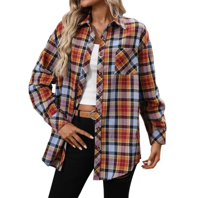 Women's Long Sleeve Retro Versatile Style Stylish Shirt Orange Blue - Shop at LoveMi