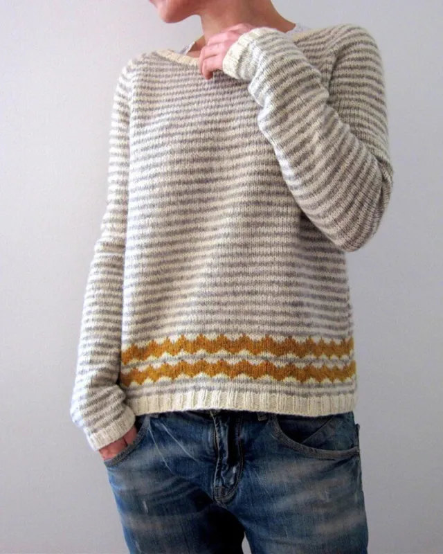 Women's Round neck Loose Multicolor Fashion Pullover Sweater Casual Women's Clothing Fashion Knit Top Outerwear Yellow Stripes - Shop at LoveMi