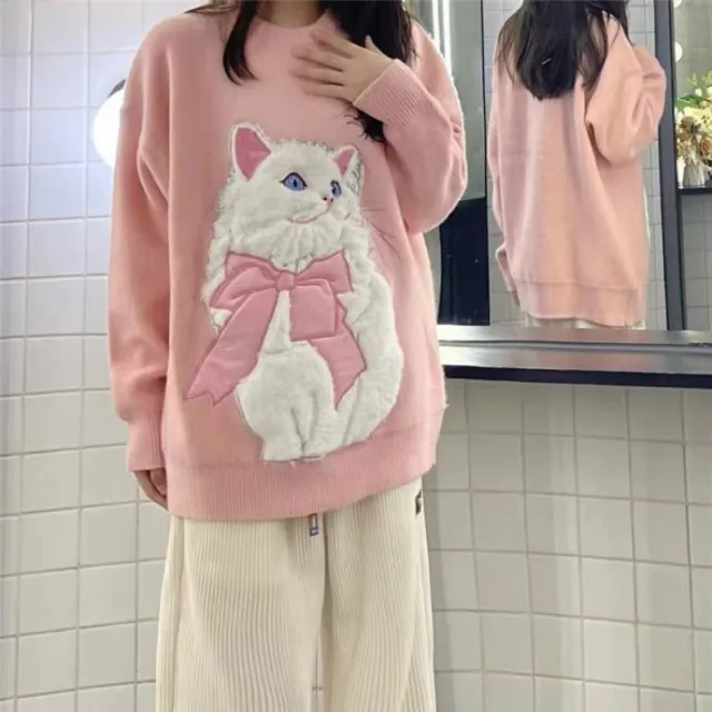 Autumn And Winter Thickening Sweater Dopamine Wear Salt Cute Flocking Cat Design Sweet Girl Style Pink - Shop at LoveMi