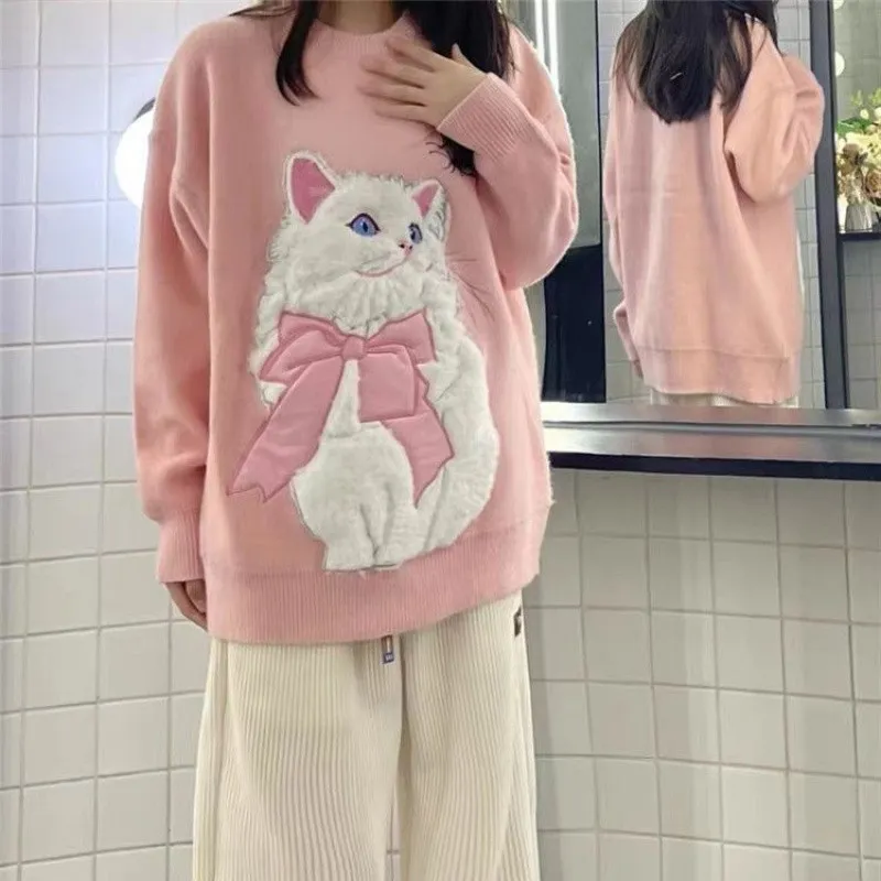 Autumn And Winter Thickening Sweater Dopamine Wear Salt Cute Flocking Cat Design Sweet Girl Style - Pink