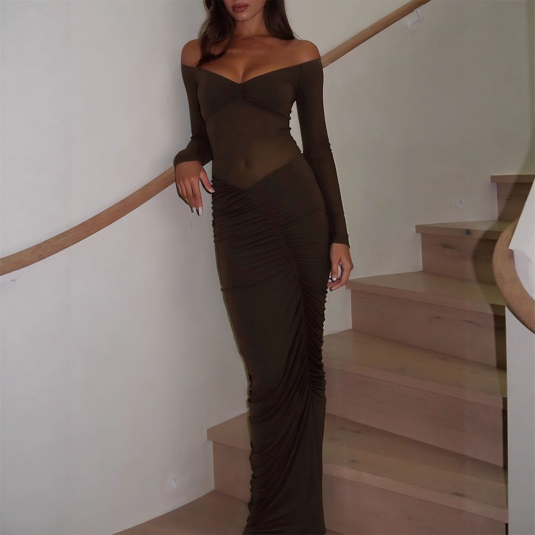 Seamless Long Sleeved Pleated Party Evening Gown For Gatherings Brown - Shop at LoveMi