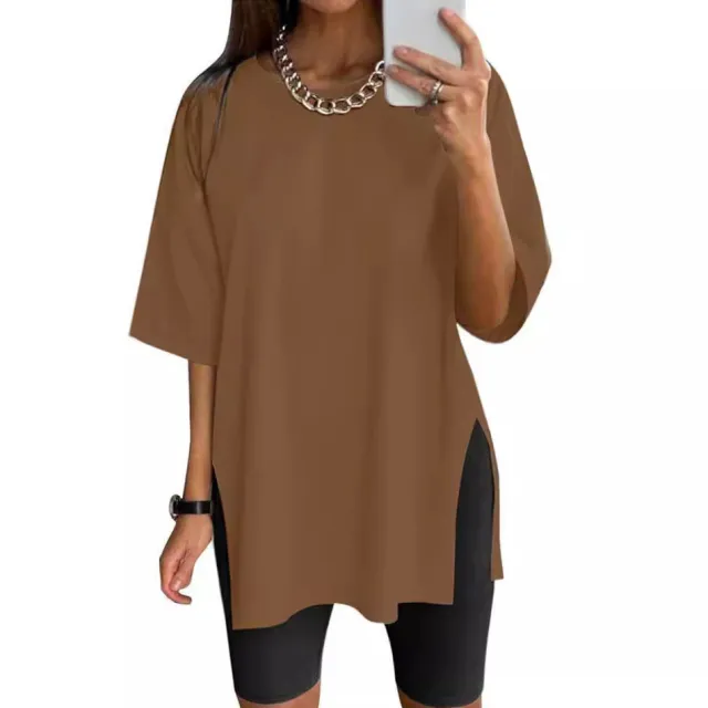 Women's Solid Color Split Short sleeved T shirt Round Neck Loose Top Brown - Shop at LoveMi