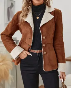 Casual Fashion Cold-proof Warm Fur Integrated Lapel Pocket Jacket - Caramel Colour - View 1