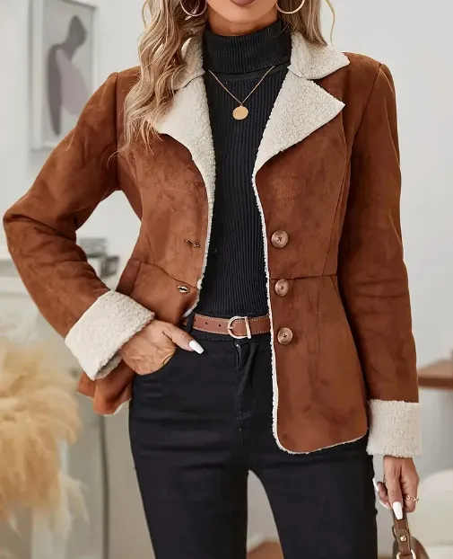 Casual Fashion Cold-proof Warm Fur Integrated Lapel Pocket Jacket - Caramel Color
