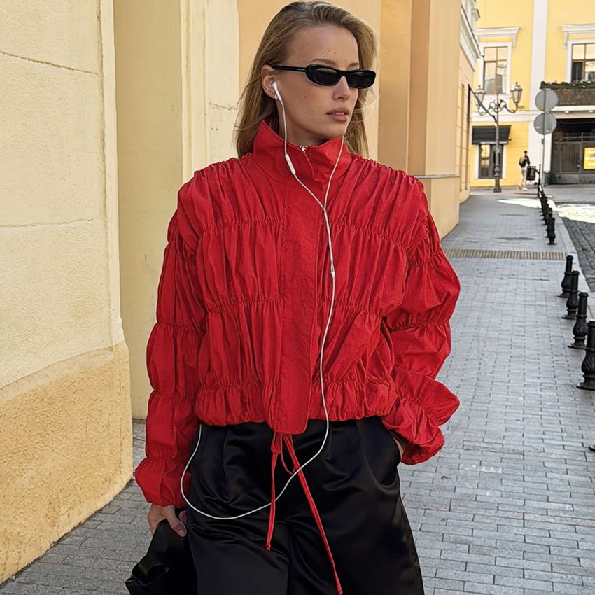 Design-focused Pleated Stand-collar Coat Fashionable Red Womens Top