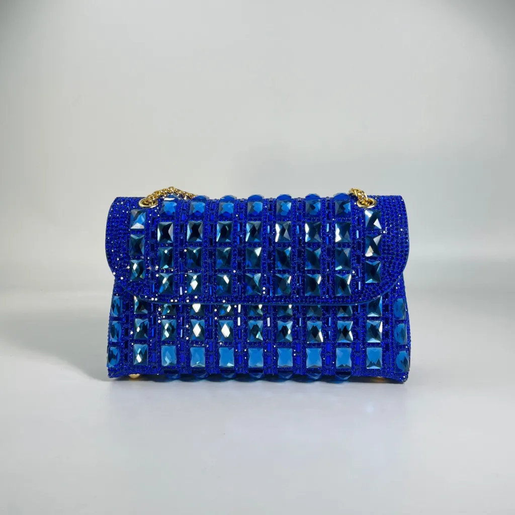 Shiny Glass Rhinestone Chain Clutch - Blue