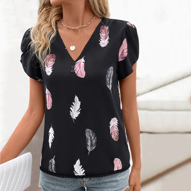 Women's Casual V neck Feather Printed Shirt Black - Shop at LoveMi