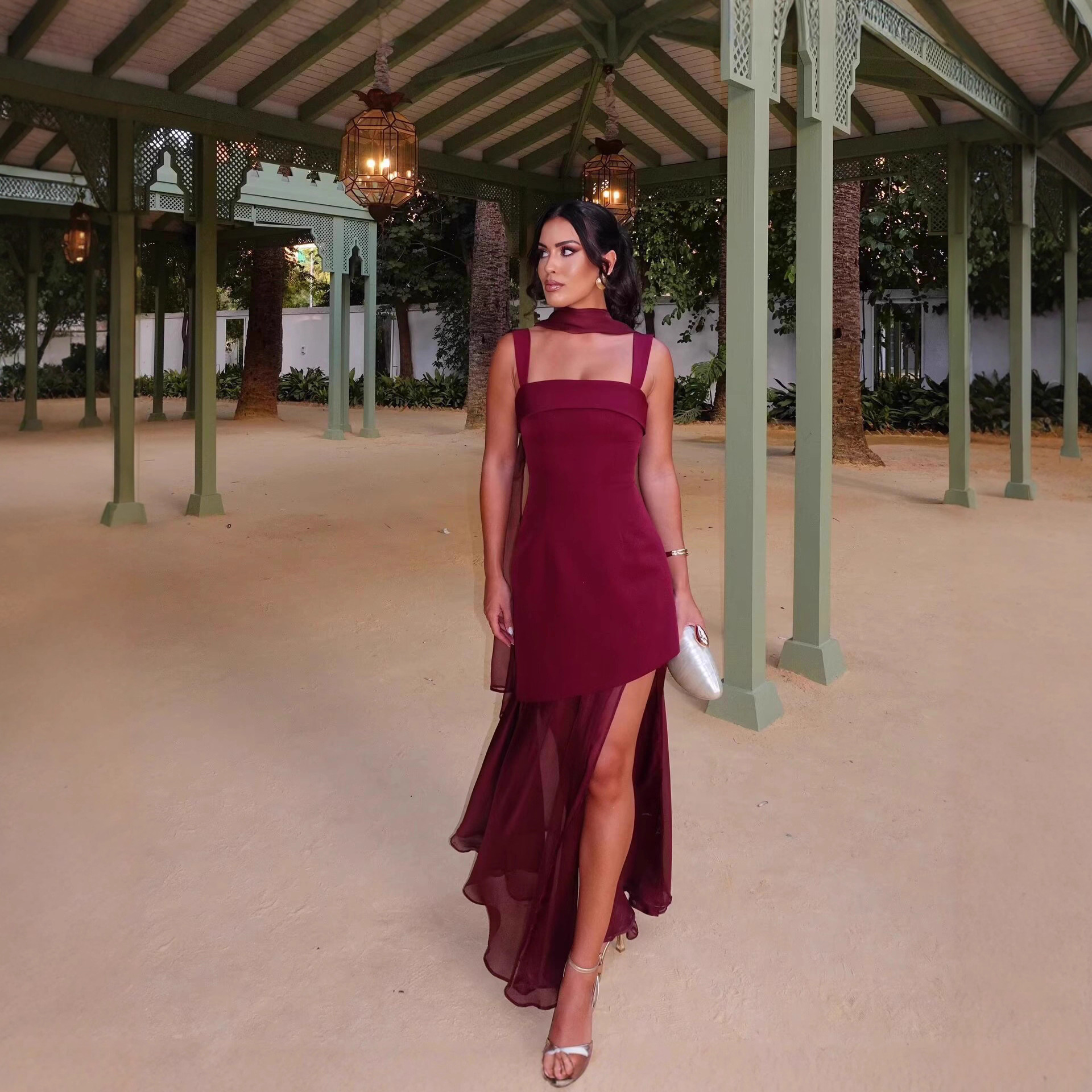 French Romantic Resort-Style Sexy Backless Flowy Strap Detail High-Slit Maxi Dress