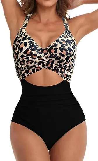 Women's Fashion Casual Cross One piece Swimsuit Leopard Print Black - Shop at LoveMi